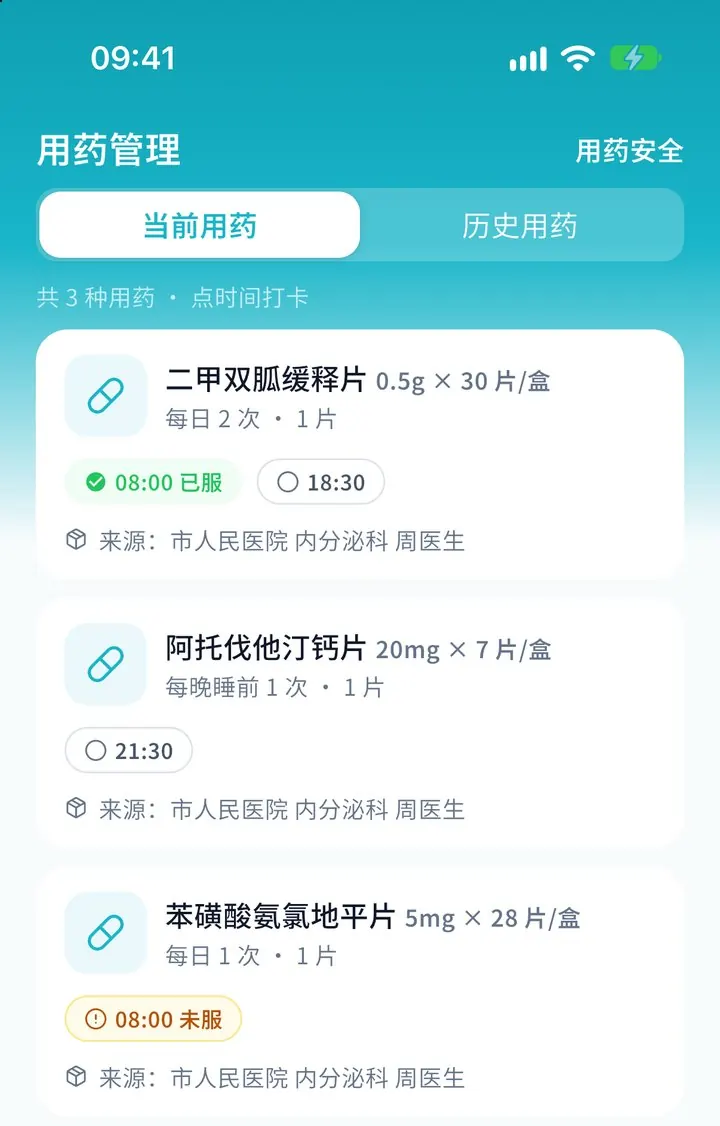 处方自动整理成的用药清单，每种药的规格、用法、来源都在一起